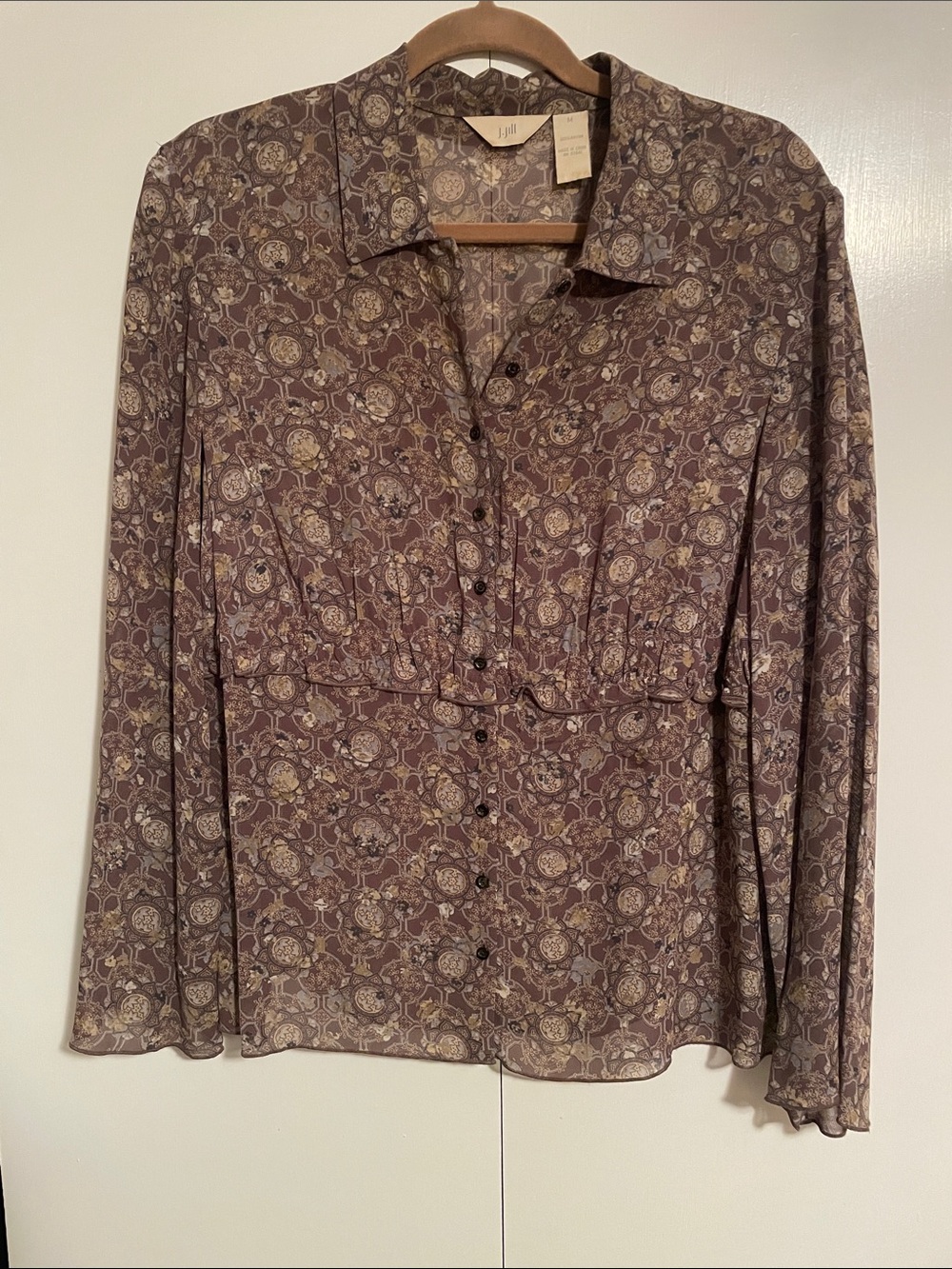 J.Jill Light brown, Sheer Printed Button-Front Blouse Size M
